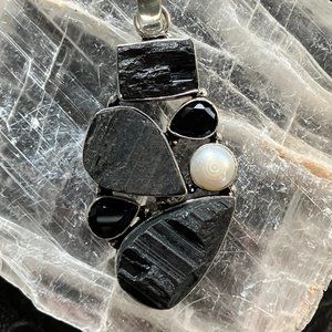 Black Tourmaline Onyx and Pearl Crystal Stone Jewelry Pendant